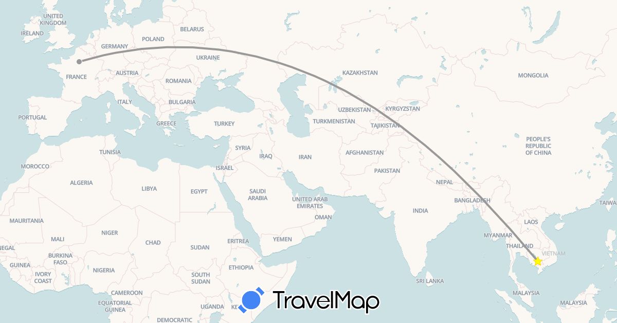 TravelMap itinerary: driving, plane in France, Cambodia (Asia, Europe)